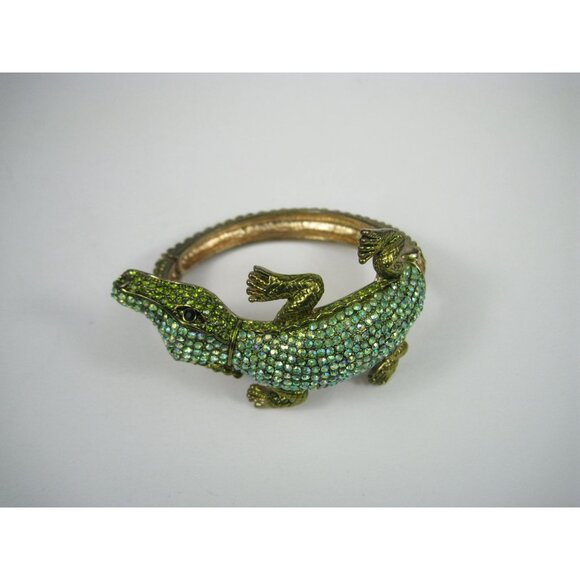 Gold Tone Crocodile Green Crystal Hinged Bangle Bracelet Sparkly Jewelry - Picture 2 of 12
